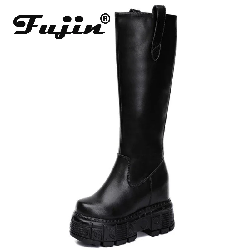 

Fujin 12cm Microfiber Genuine Leather Platform Wedges Knee High Boots Woman Plush Modern Hidden Heel Winter Autumn Shoes Plush