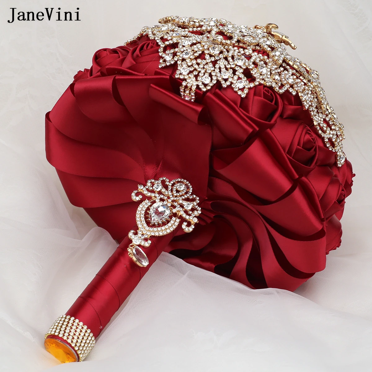 JaneVini Luxury Gold Rhinestones Jewelry Burgundy Bridal Brooch Bouquets Artificial Satin Roses European Wedding Bouquet Flower