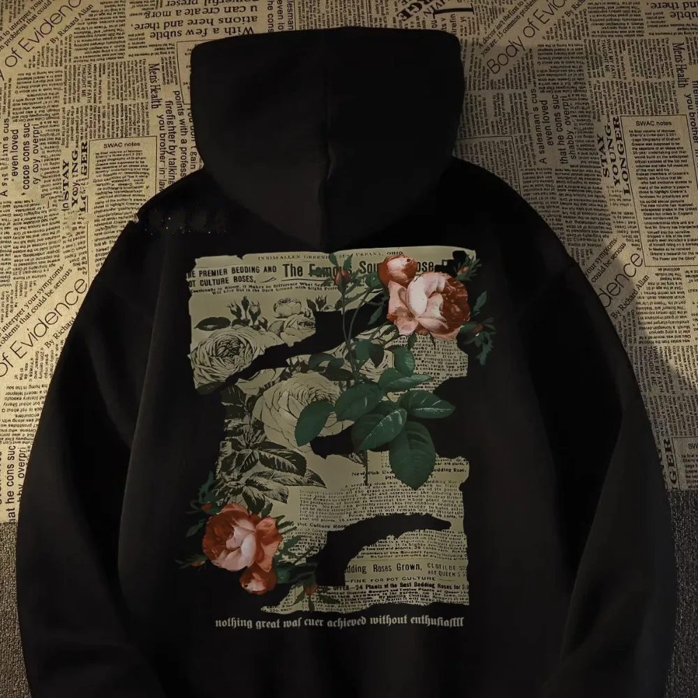 

High Street Fashion Mens Sweatshirt Retro Dark Flower Painting Hoodie Loose Oversized Winter Clothes Hip Hop Long Sleeve Tops