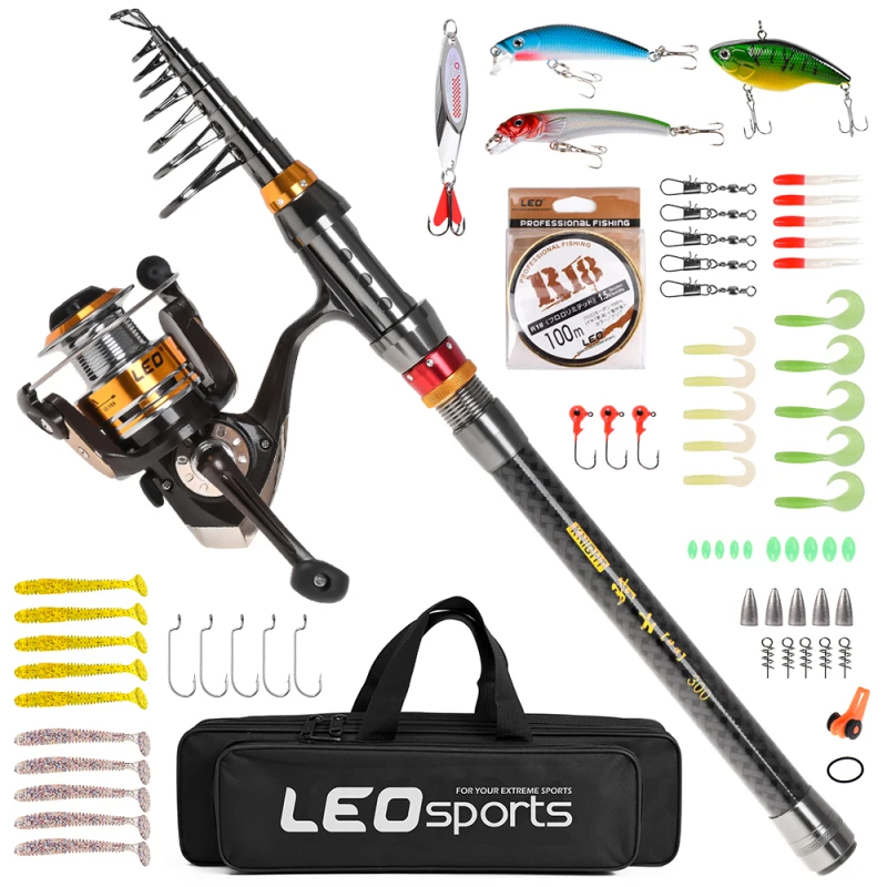 Fishing Rod Spinning Reel Combo Carbon Fiber Telescopic Fishing Rod Saltwater Freshwater Travel Fishing Lures Jig Hooks Full Kit