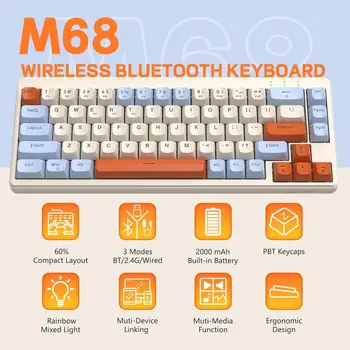 M68 65% Wireless Gaming Keyboard,Tri-Mode Silent Membrane Keyboard,PBT Keycaps,2000mAh 67 Keys Rainbow LED Backlit for Win/Mac 1