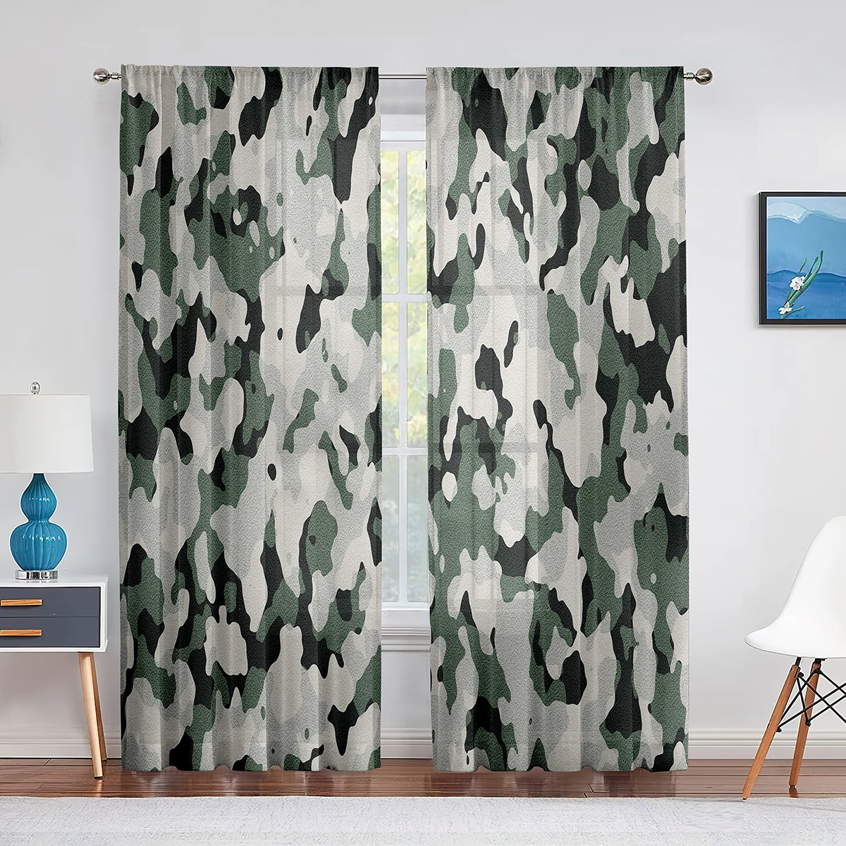 Camouflage Flag Curtains Set Of 2 Panels – Green Camo With Stars & Deer Silhouette, 52"W X 96"L, Grommet Top, Light Filtering