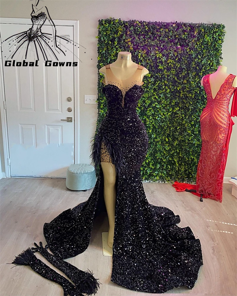 

Sexy Sheer O Neck Evening Gown 2023 For Black Girls Sequined Birthday Party Dress Feathers Formal Mermaid High Slit Long