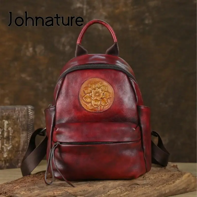 

Johnature Retro Genuine Leather Women Backpack Hand Painted Embossing Bag Soft Real Cowhide Large Capacity Travel Backpacks