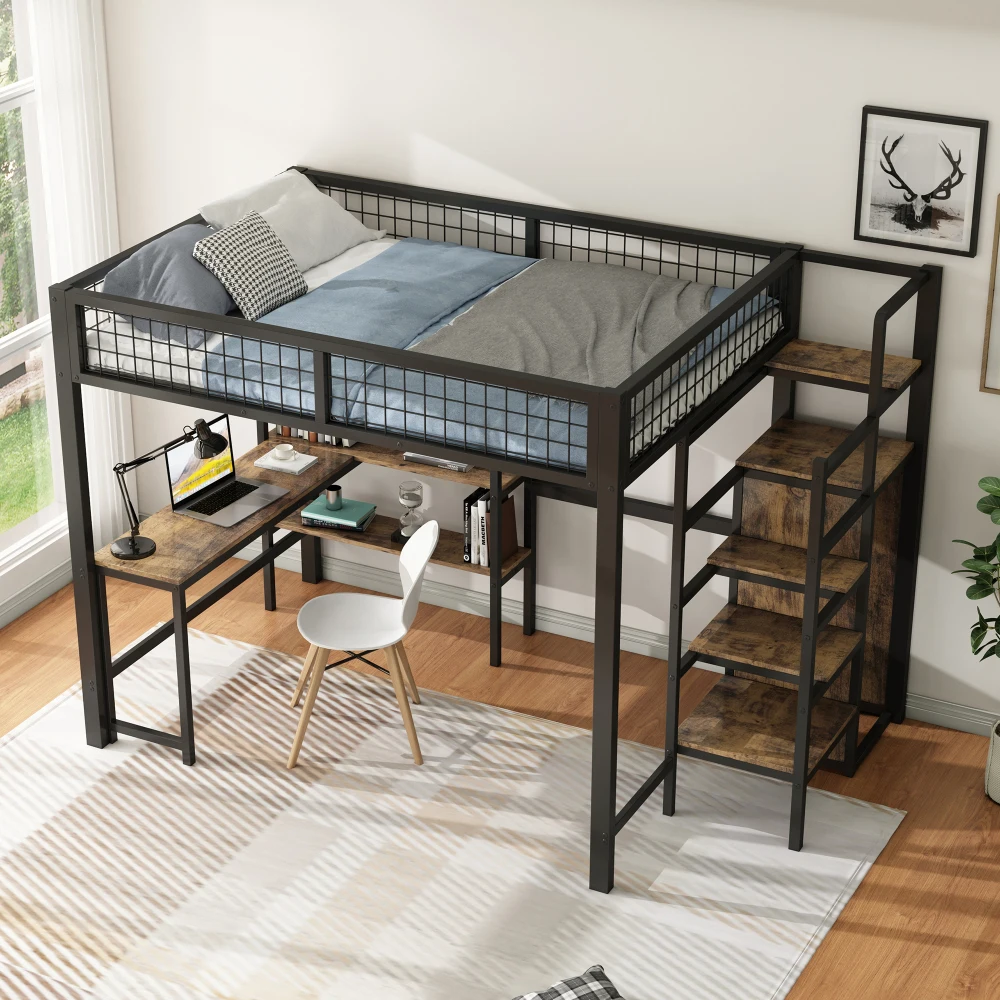 Multifunktionales Eisen-Etagenbett 140*200cm Kinder- und Erwachsenen-Schlafzimmermöbel mit Mehreren Regalen Integrierter Kleiderschrank Schreibtisch Ohne Matratze – Detail 18