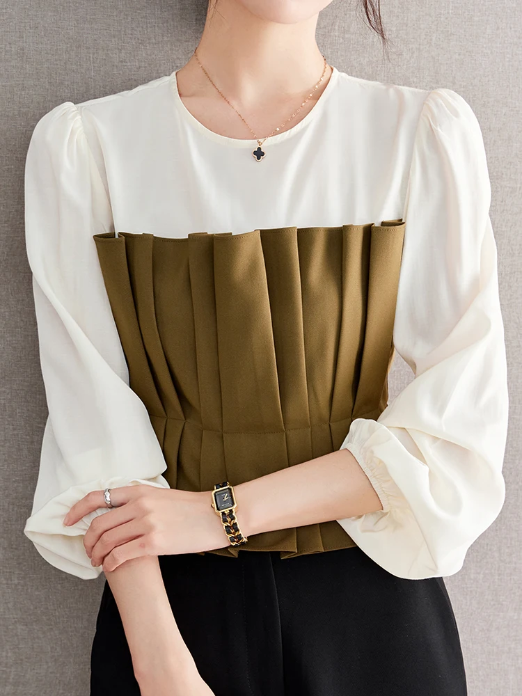 QOERLIN S-XXL Back Holes Patchwork Pleated White Shirts Spring Fall Long Sleeve Loose Casual Tops Blouse Elegant Office Ladies 1pc 5 6inch automatic center punch spring loaded marking starting holes tool high speed steel automatic centre punch dot punch