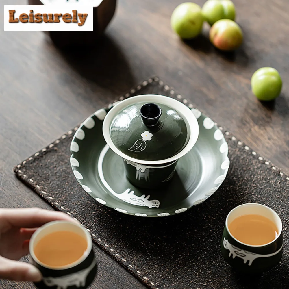 150ml Handmade Powder Yin Olive Green Gaiwan Boutique Hand Painted Cat Tea Tureen Tea Making Cover Bowl Tea Tray Cafes Supplies