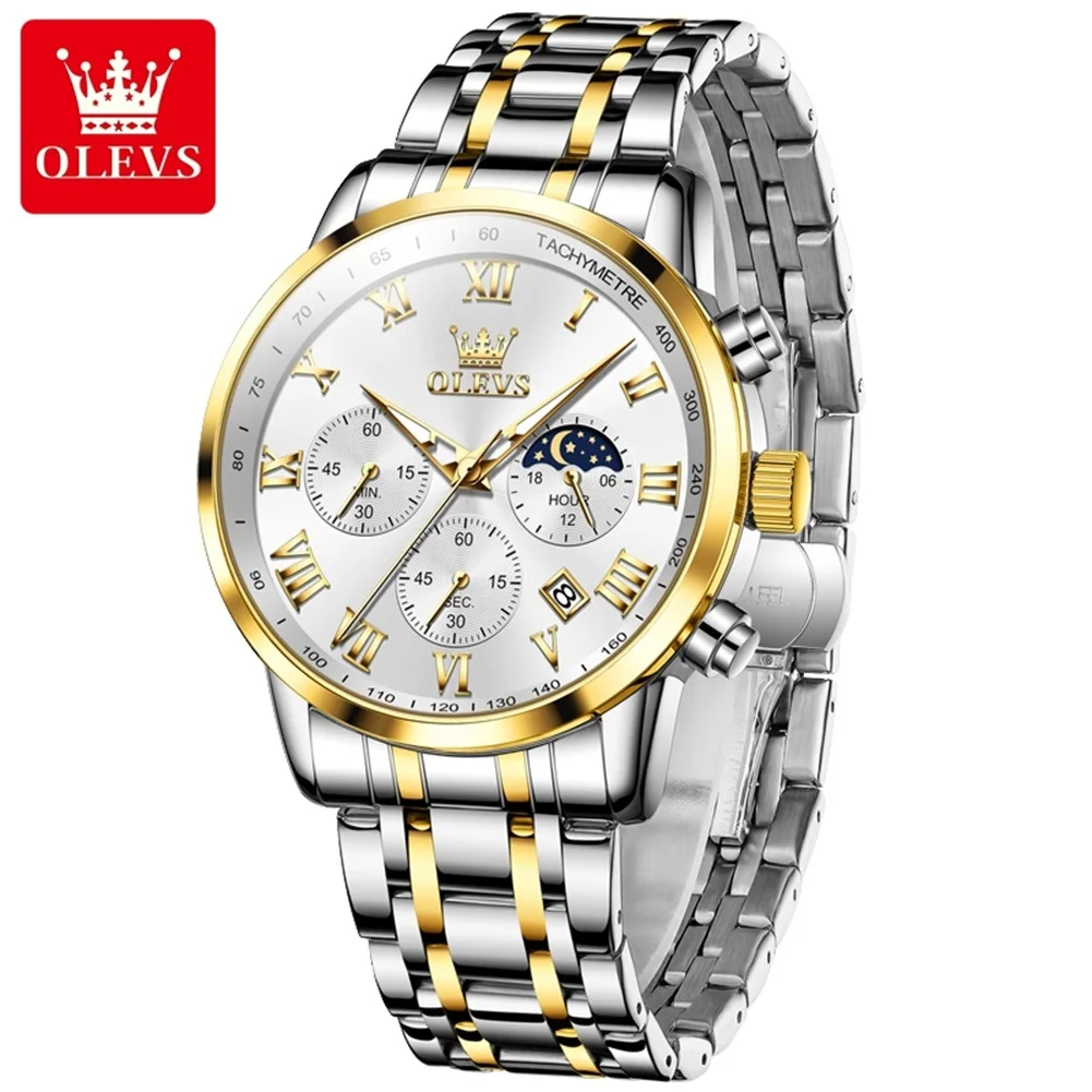 OLEVS New Luxury Quartz Watch for Men Top Brand Stainless Steel Waterpoof Chronograph Mens Wristwatch Clock Moon Phase Man Watch