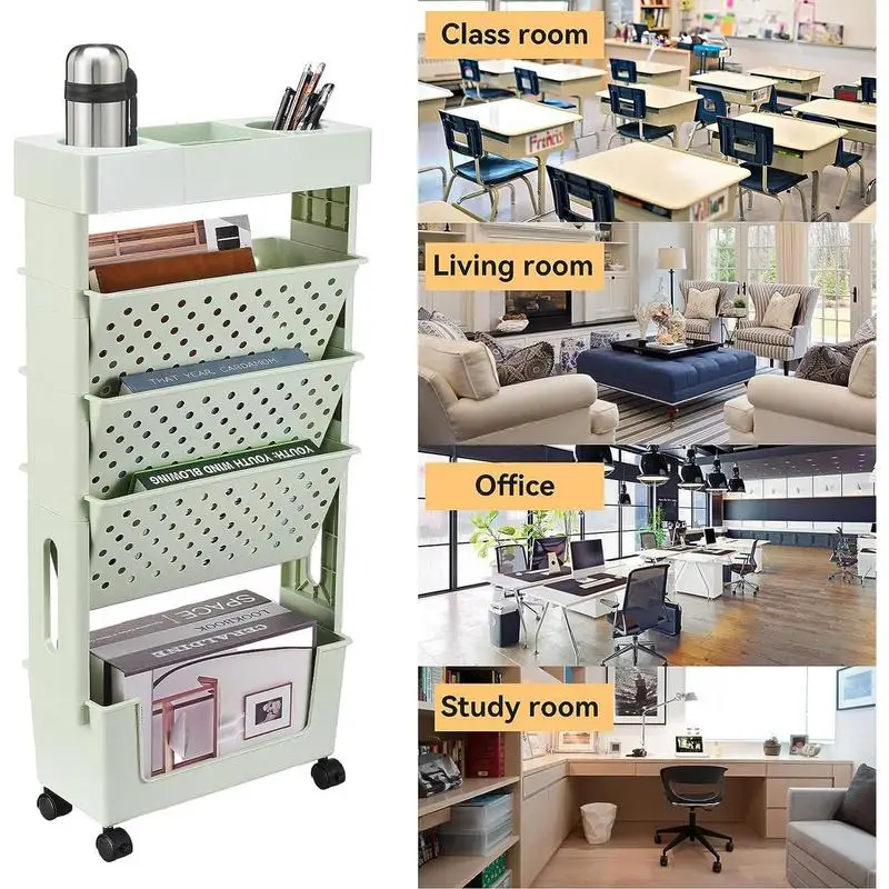 

Передвижная книжная полка, тележка, Настольная полка для хранения с колесами, вращающаяся полка, 5-слойный вместительный Компактный органайзер для книг