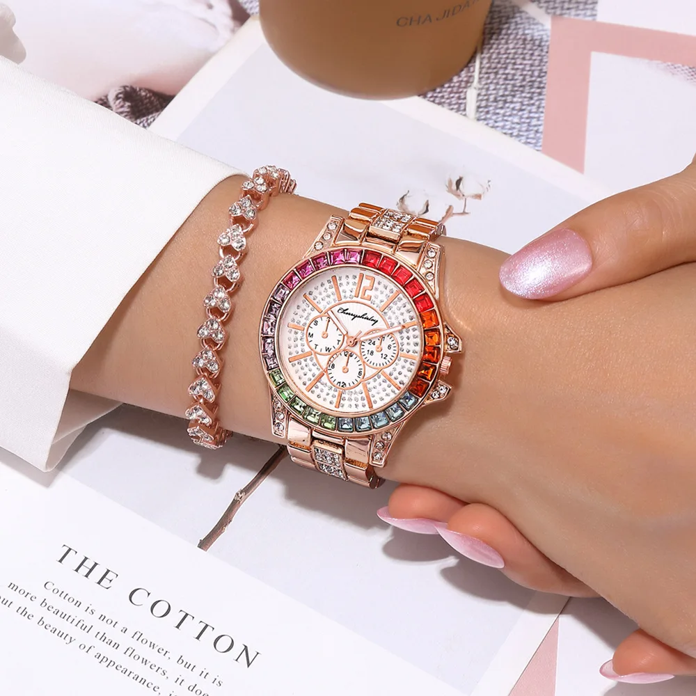 

Women Luxury Colorful Diamond Watch 2021 New Fashion Casual Golden Stainless Steel Quartz Wristwatch Relogio Feminino Clock Hot