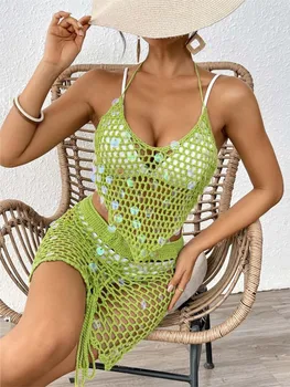 2 Piece Sets Sexy Women Knit Beach Hollow Out Sleeveless Bikini Cover-Ups Holiday Mini Skirt Summer Swimwear Beach Cover Ups 1