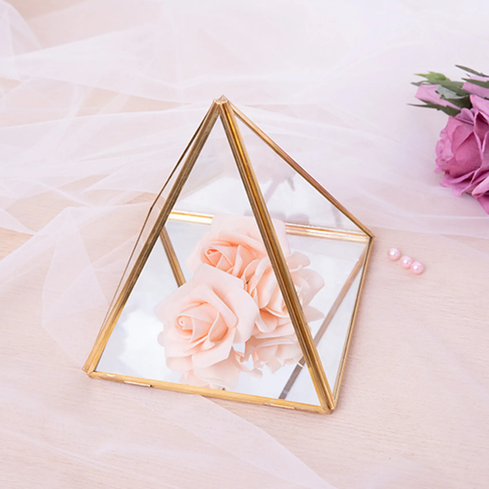 Glass Jewelry Box Golden Geometric Decorative Box Geometric Glass Pyramid Ring Holders for Wedding Birthday Gift S 6