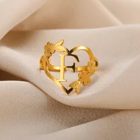 Stainless Steel Initials Flower Heart Rings Gold Color Adjustable Delicate Letter Leaf Rings For Women Girl Alphabet Jewelry - Image 5