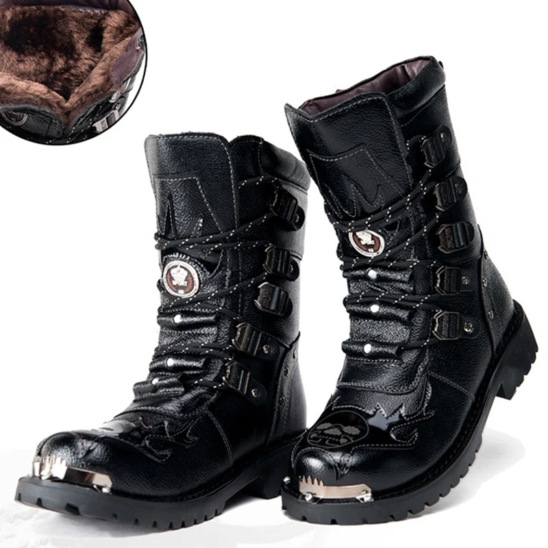 Winter Men Motorcycle Boots Mid-Calf Punk Rock Genuine Leather High Top 38-46