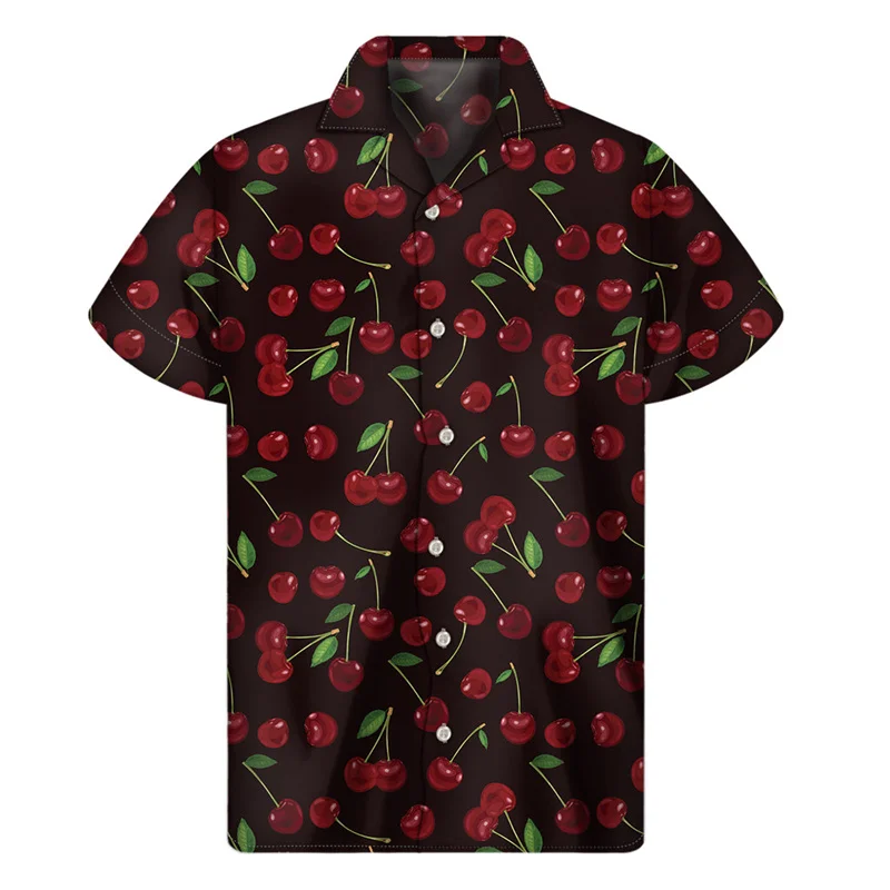 thumbnail image 1 of Camisa con estampado 3D de cerezas, manzanas y fresas para hombre, camisas hawaianas de verano con botones, manga corta, solapas sueltas, blusa hawaiana, 1 of 4