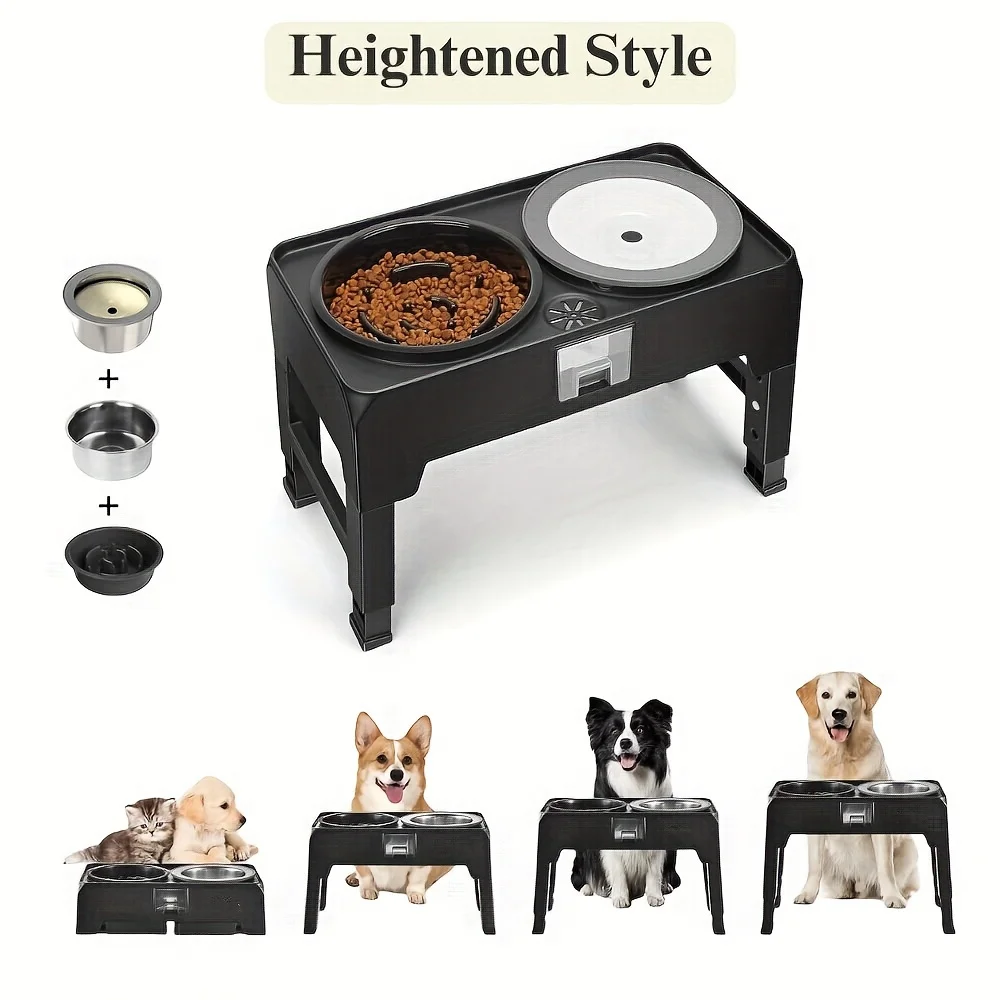 

Heighten Elevated Pet Feeder Stand With Stainless Steel Double Bowls And Slow Feeder Bowls , 4 Height Adjustable Non-slip Raised