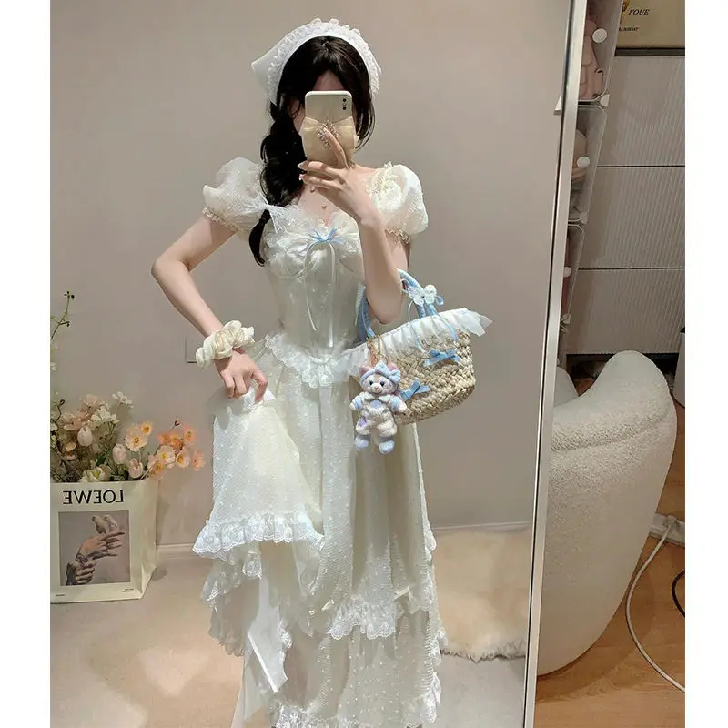 

Princess Dress Goddess Style Tea Break French Fairy Long Dress Atmosphere Seaside Vacation White Dress Summer Girl Dress