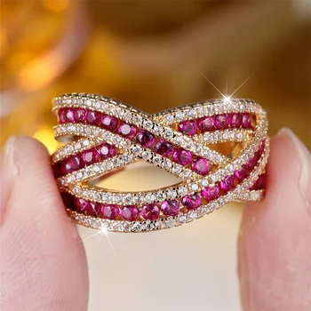 Rose Red Luxury Crystal Cross Infinity Rings For Women Vintage Gold Color Engagement Ring Wedding Jewelry Bridal Versatile Gift