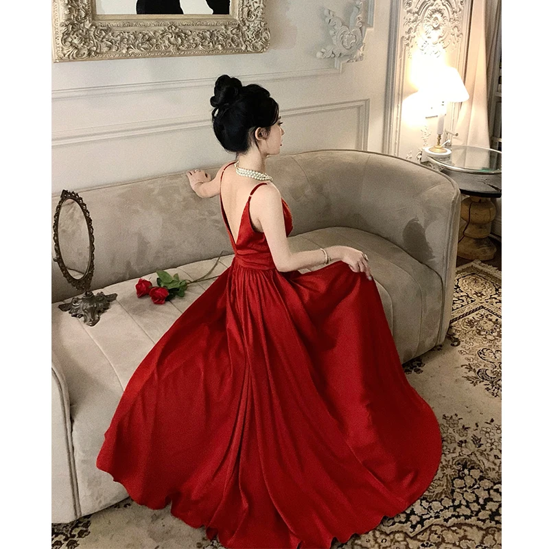 Sexy Spaghetti Strap Evening Party Dress V-neck A-line Solid Vintage Long Dresses for Women Wedding Prom Robe One Piece Vestidos