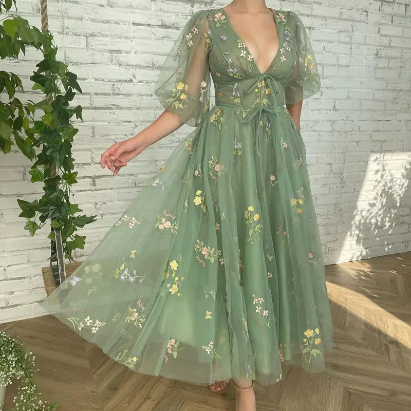 

Tea-Length Embroidered Evening Prom Dress Flowers And Butterflies Prom Dress Long Gathered Puffy Sleeves Green Tulle Party Dress