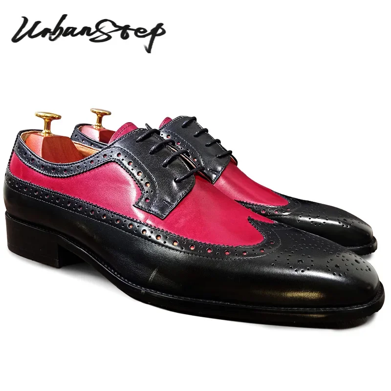 

LUXURY MEN SHOES RED MIXED BLACK LACE UP POINTED BROGUE OXFORD MENS CASUAL DRESS SHOES WEDDING OFFICE LEATHER SHOES MEN