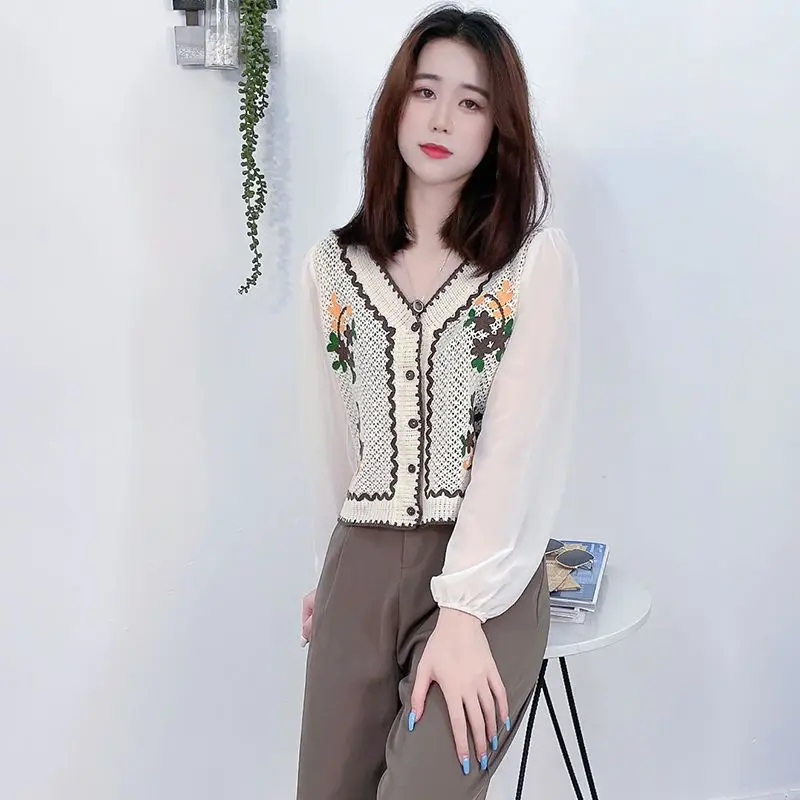 

Blouse Hooked Flower Knitted Cardigan Female 2023 Spring/Summer Popular Design Short Chiffon Long Sleeve Blouse Top for Women