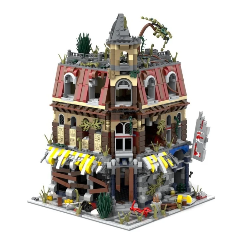 MOC Café Shop Building Blocks 2177 PCS Post-Apocalyptic Street Corner Model, Ruined City Bricks Set Creative Display for Adults