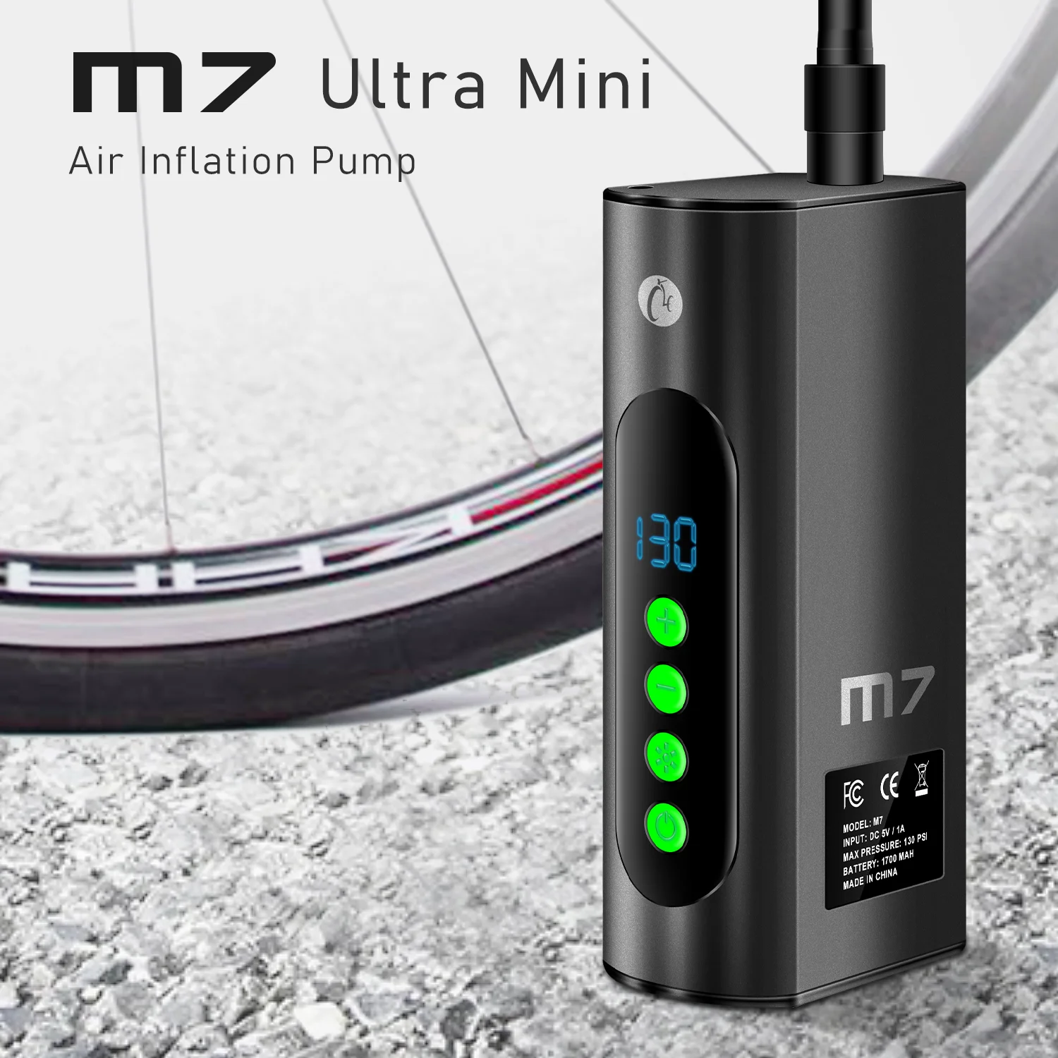 

CYCLAMI Bicycle Electric Inflator Pump Mini Portable 130Psi High Pressure Air Inflator