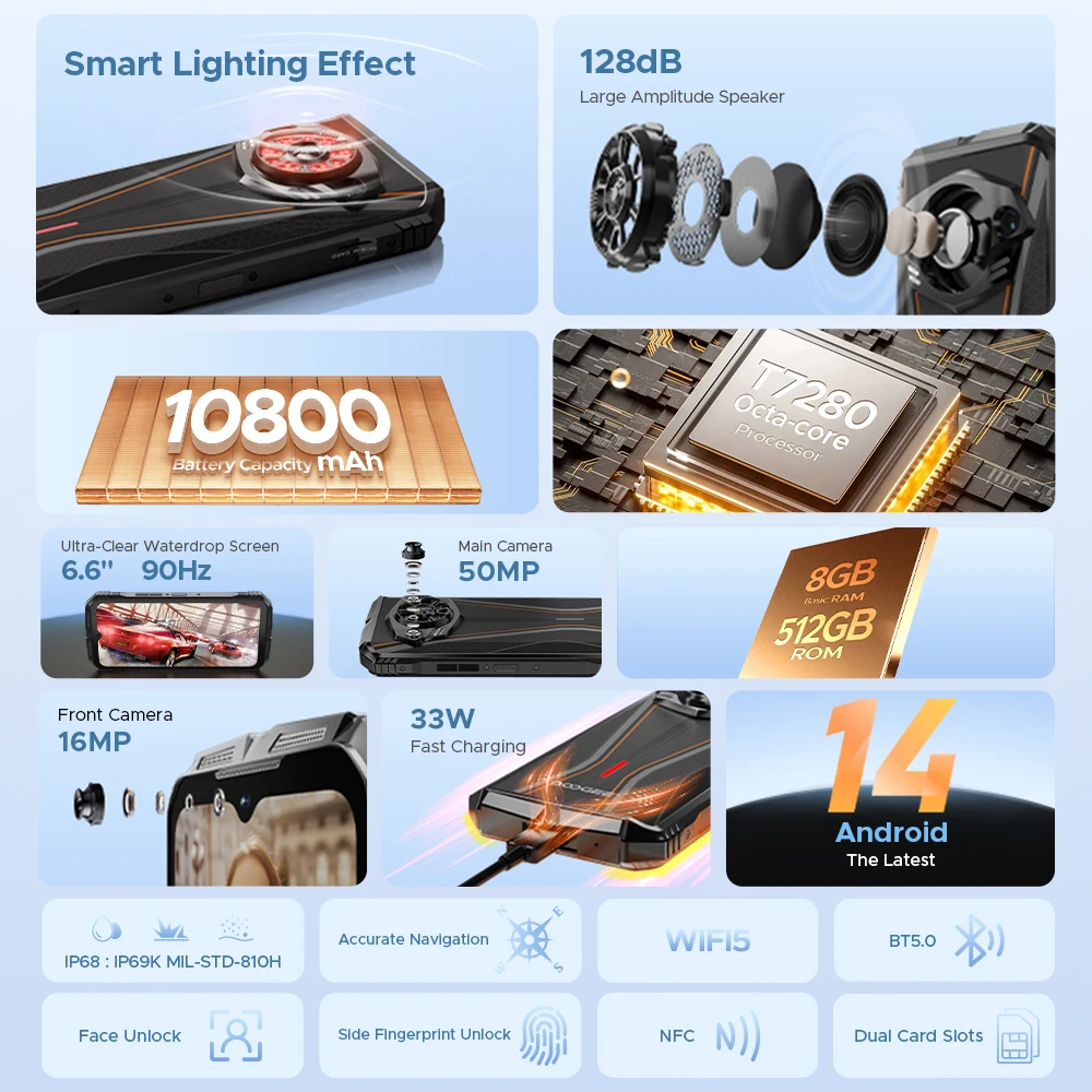 DOOGEE S Punk Pro Rugged Phone LED Light Effect 8GB RAM 512GB ROM 6.6” FHD+ 90Hz 10800mAh Battery 50MP AI Camera Android 14 NFC 2