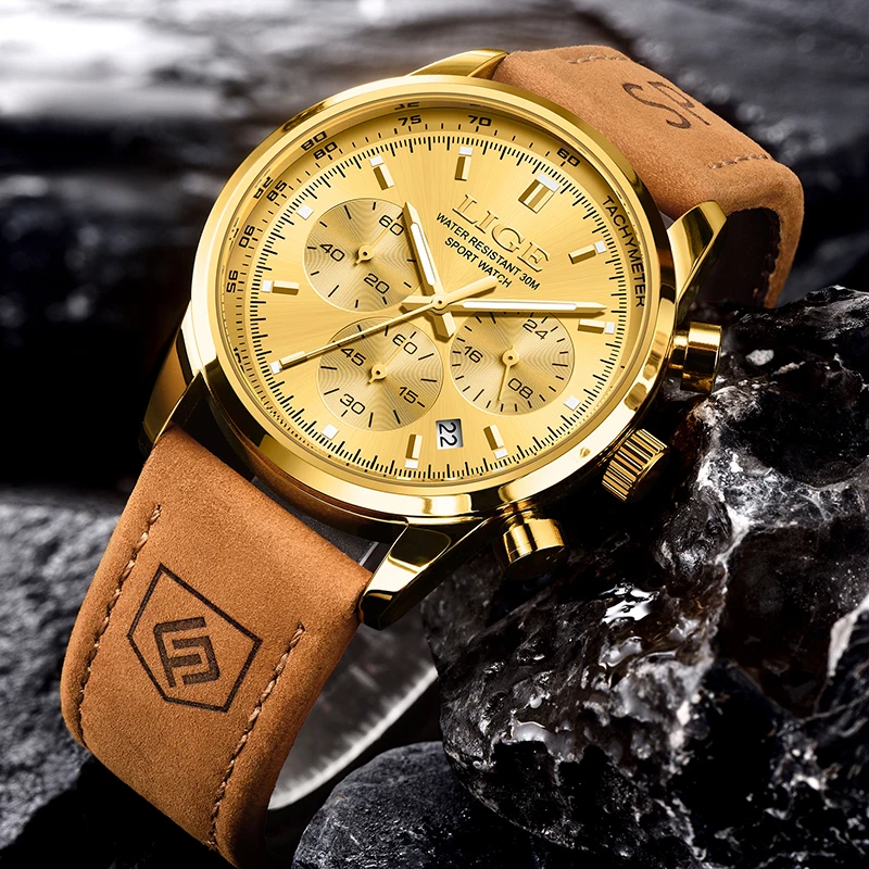 Men's Luxury Quartz Chronograph Leather Watch - Elegant & Waterproof Sport Design by LIGE