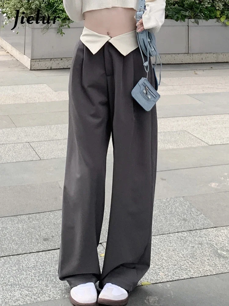 

Jielur Cuffs High Waist Full Length Women Suit Pants Spell Color Fashion Office Lady Summer Loose Casual Female Wide Leg Pants