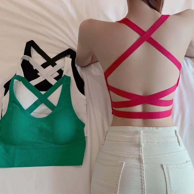 

Backless Beauty Back Breast Wrap Spice Sexy Outside Wearing Back Cross Hollowed Halter Vest Short Base Top Summer