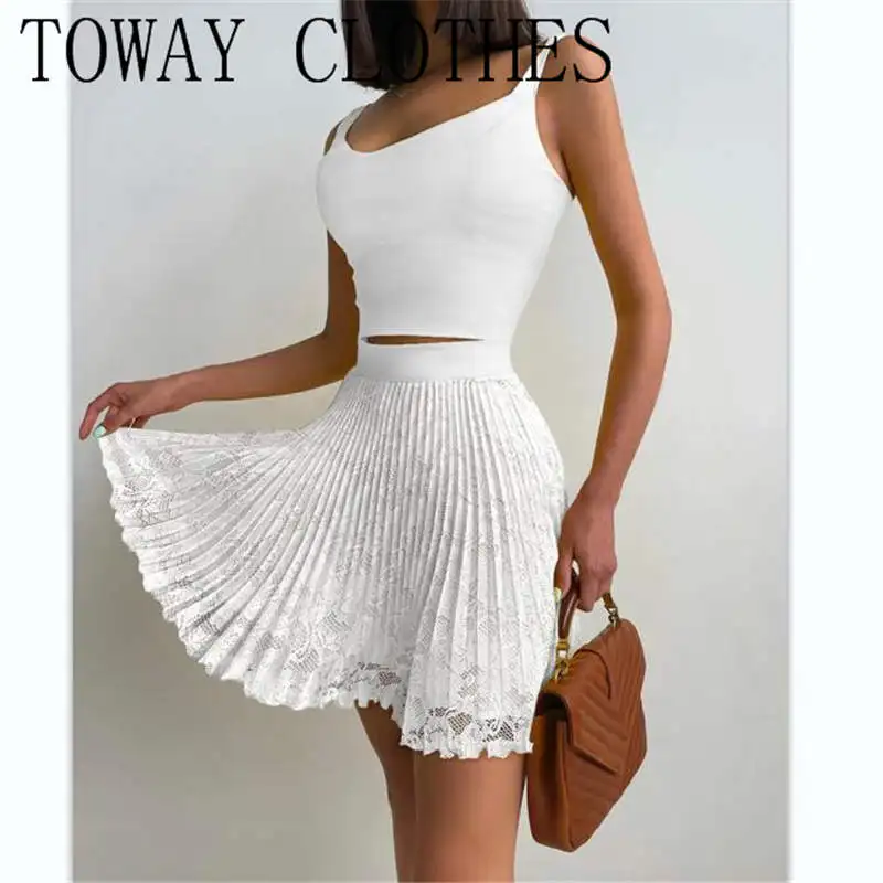

Women Summer Solid Color Tank Top & Pleated Lace Sexy Skirt Set Square Neck Cami Crop Top & Pleated Skirt Sets