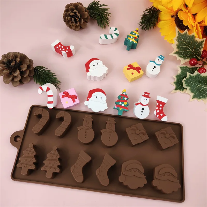 12 Hole Christmas Series Chocolate Mold Santa Claus Sugar Cake Decoration Silicone Mold DIY Decorative Gypsum Ornament Mold