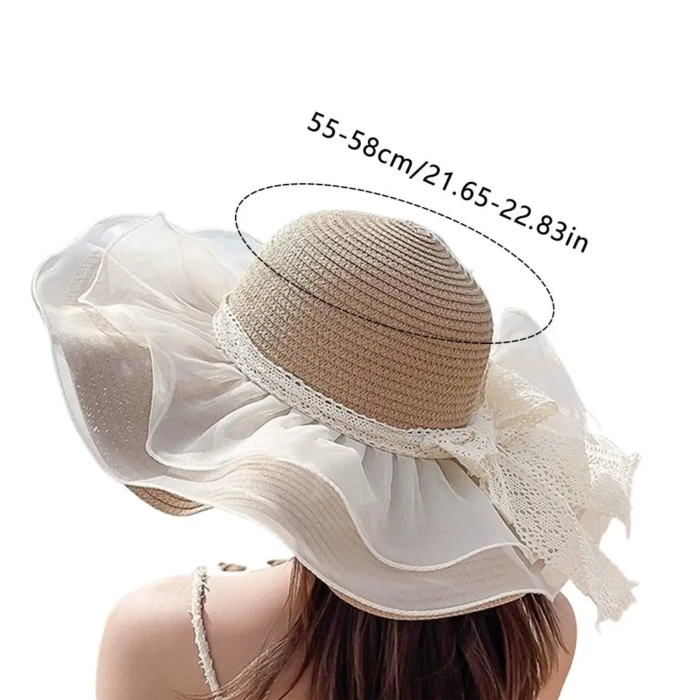 Baby Girl Sun Hat Strap Breathable Cotton-Linen Wide Brim Beach Hat Lace Bow Ruffle Trim Summer Outdoor