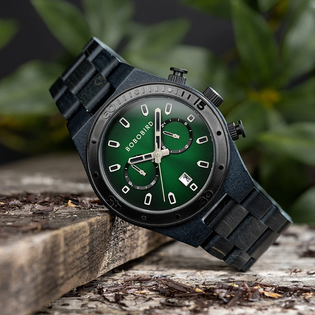BOBO BIRD Wooden Men Watch Fashion Business Quartz Wristwatch Custom Engraved Wood Chronograph Watches with Date Display