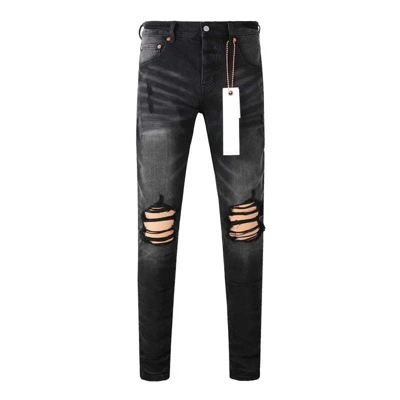 

2024 Purples Jeans Men Fashion high quality High Street Black brands Hole Repair Low Rise Skinny Denim pants