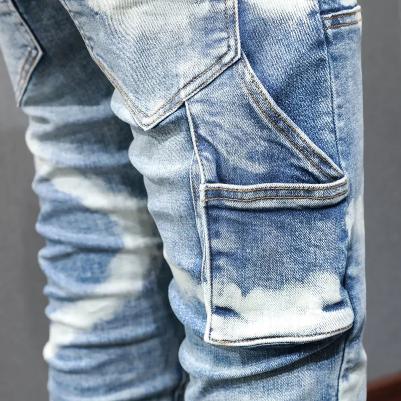 High Street Fashion Men Jeans Retro Blue Stretch Skinny Fit Hip Hop Jeans Men Multi Pockets Spliced Designer Brand Pants Hombre