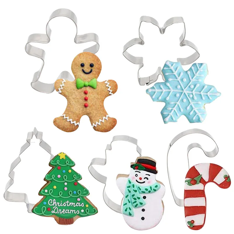 5Pcs Christmas Cookie Cutter Set Gingerbread Man Xmas Tree Biscuit Mold Stamp 2024 Christmas Party New Year Baking Accessories