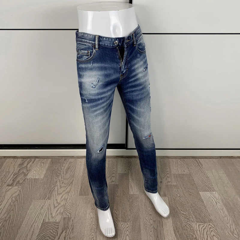 High Street Fashion Men Jeans High Quality Retro Washed Blue Stretch Skinny Fit Ripped Jeans Men Vintage Designer Brand Pants