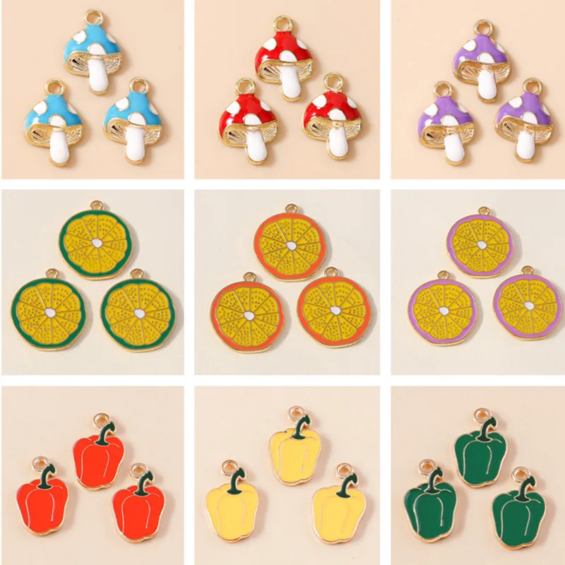 10 Stück Niedliche Emaille-Charms in Form von Pilzen und Orangen für Schmuckherstellung, Ohrhänger, Halsketten, Armbänder, DIY-Bastelzubehör