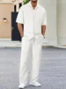 European and American men's shirt set solid color vertical strip lapel short-sleeved casual pants home daily beach set 1