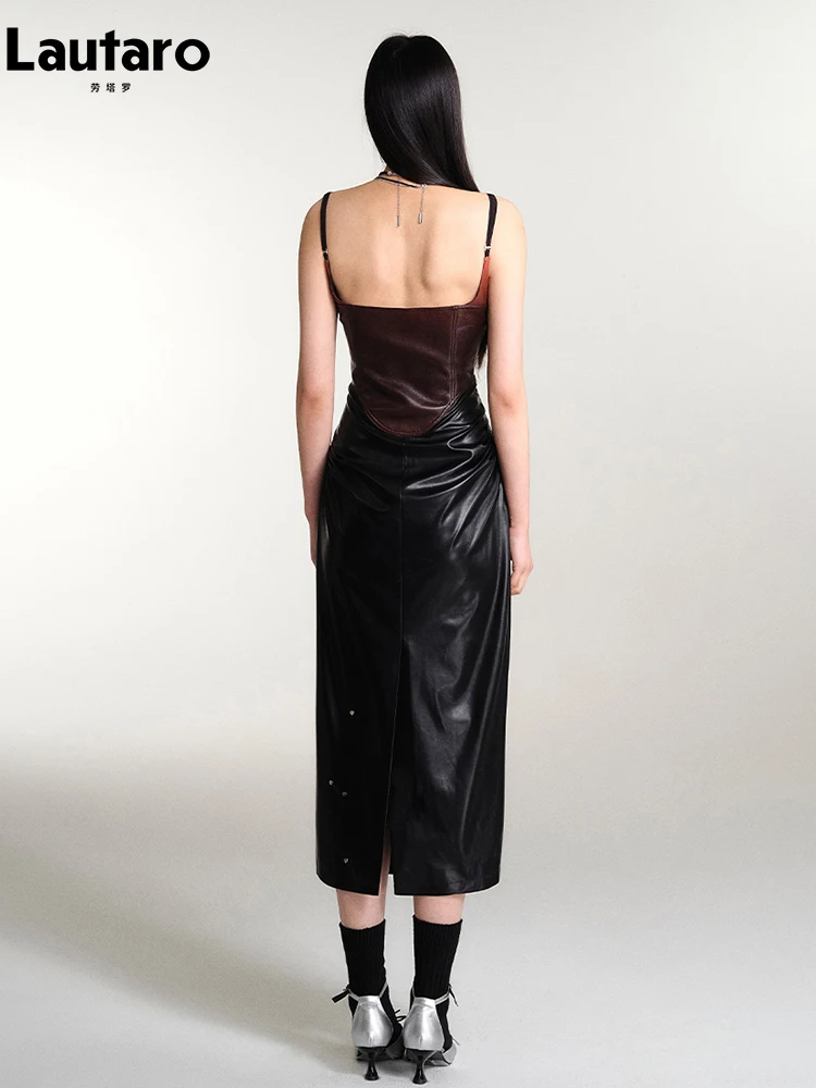 Lautaro Spring Gradient Fitted Pu Leather Spaghetti Strap Midi