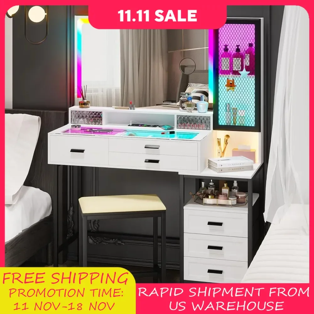 RGB Vanity Desk with Mirror and Lights, 7 Dynamic & 24 Static Dimmable Makeup Vanity Set with Wireless Charging, Dressing Table