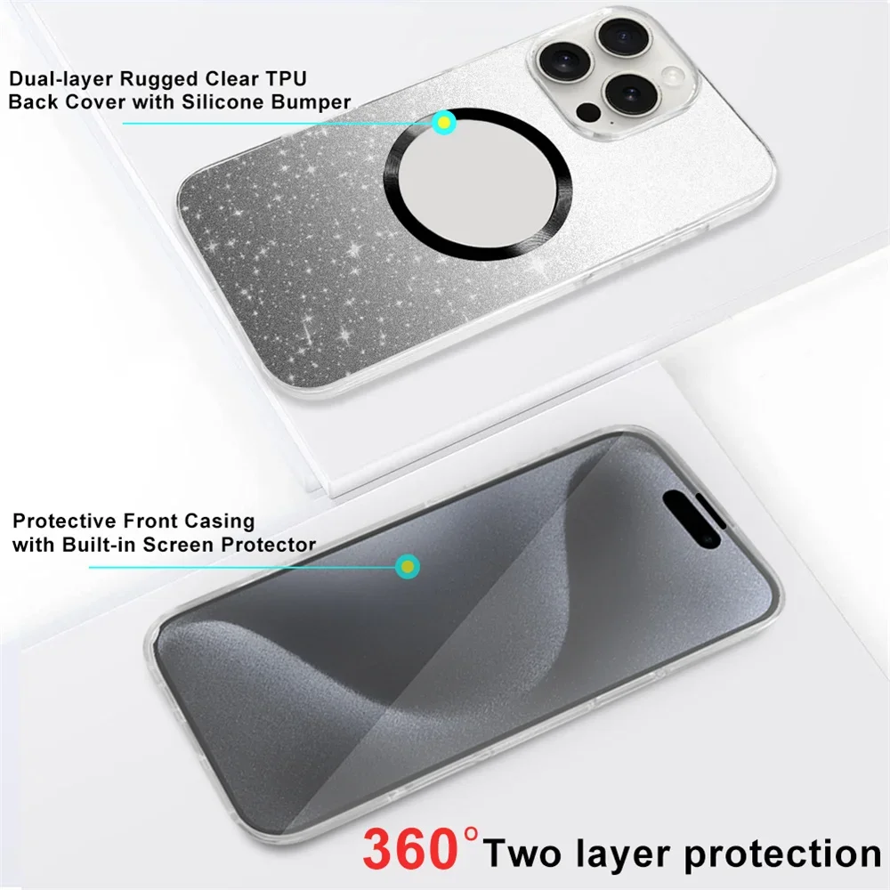 Glitter Bling Sparkly Hybrid Shockproof For MagSafe 360 Full Cover For iPhone 16 Pro Max 15 14 Plus 13 12 11 Magnetic Phone Case 5