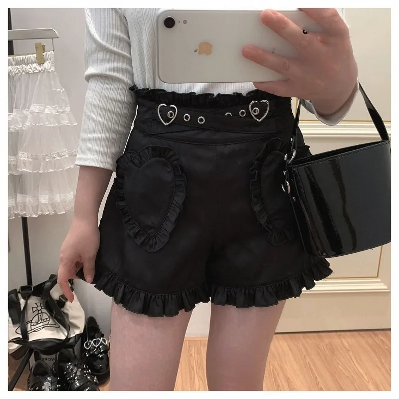 

2024 Summer Cute Academy Style Lolita New Spliced High Waited Love Lotus Leaf Pocket Fashion Solid Color Elegant Casual Shorts