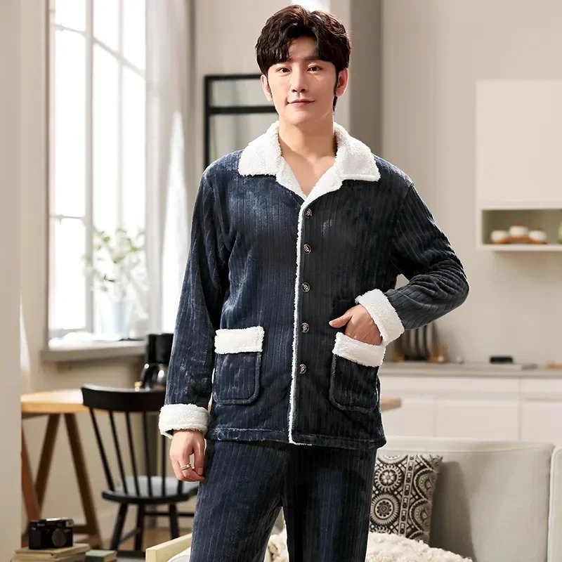 

Long Soft Sleepwear Sleeve Men's Newest Pyjamas Male Autumn Warm Pajamas +pant Sets Thicken Winter Pajamas Top Flannel Sets