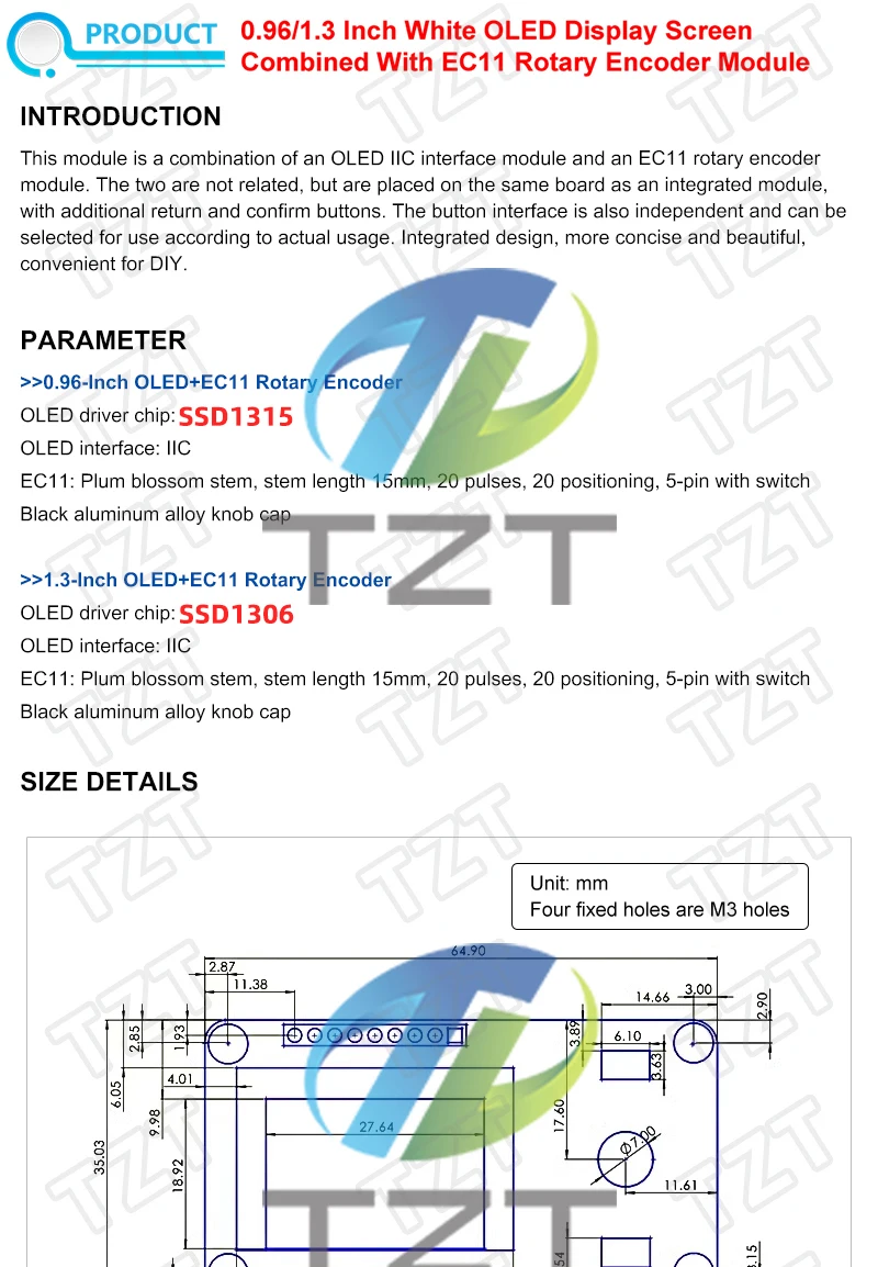 TZT 1/3PCS 0,96/1,3 Zoll OLED-Anzeigemodul mit Taste EC11 Drehgeber IIC-Schnittstelle LCD-Bildschirm für Arduino – Detail 1