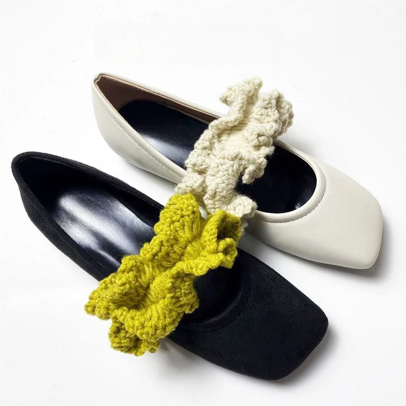 Knitted Elastic Band Mary Janes Shoes Women Square Toe Elegant Low Heels Pumps Spring Autumn PU Leather Ladies Shoes Loafers 6