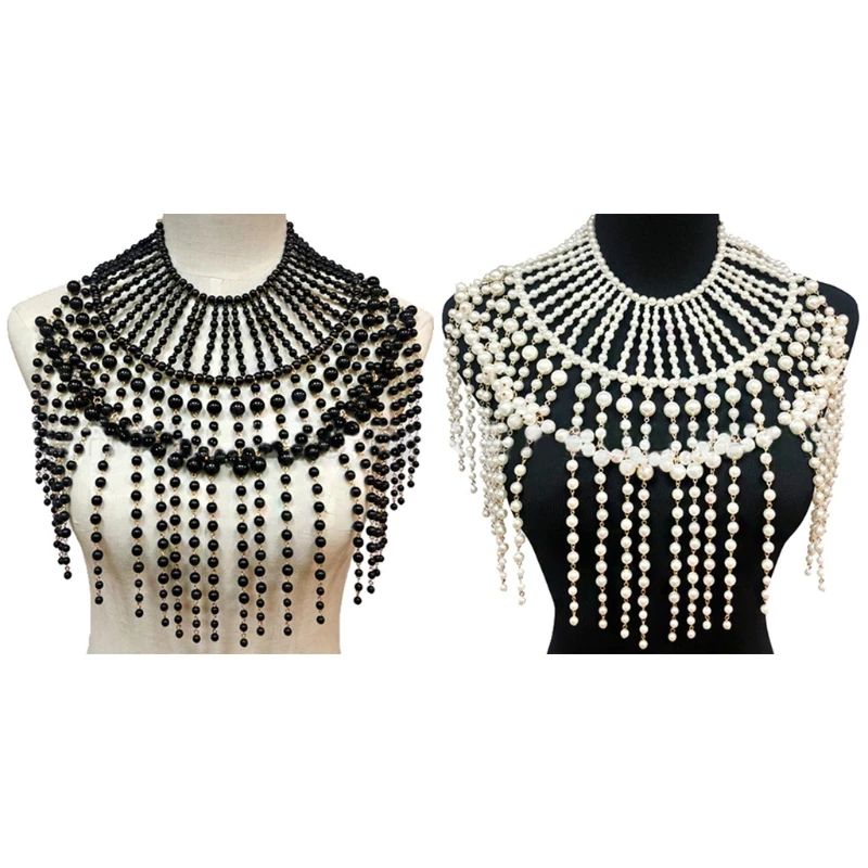 

F42F Exaggerated Layered Jewelry Shoulder Body Chain Harness Pearl Beaded Fringed Tassel Bib Choker Necklace Fake Collar